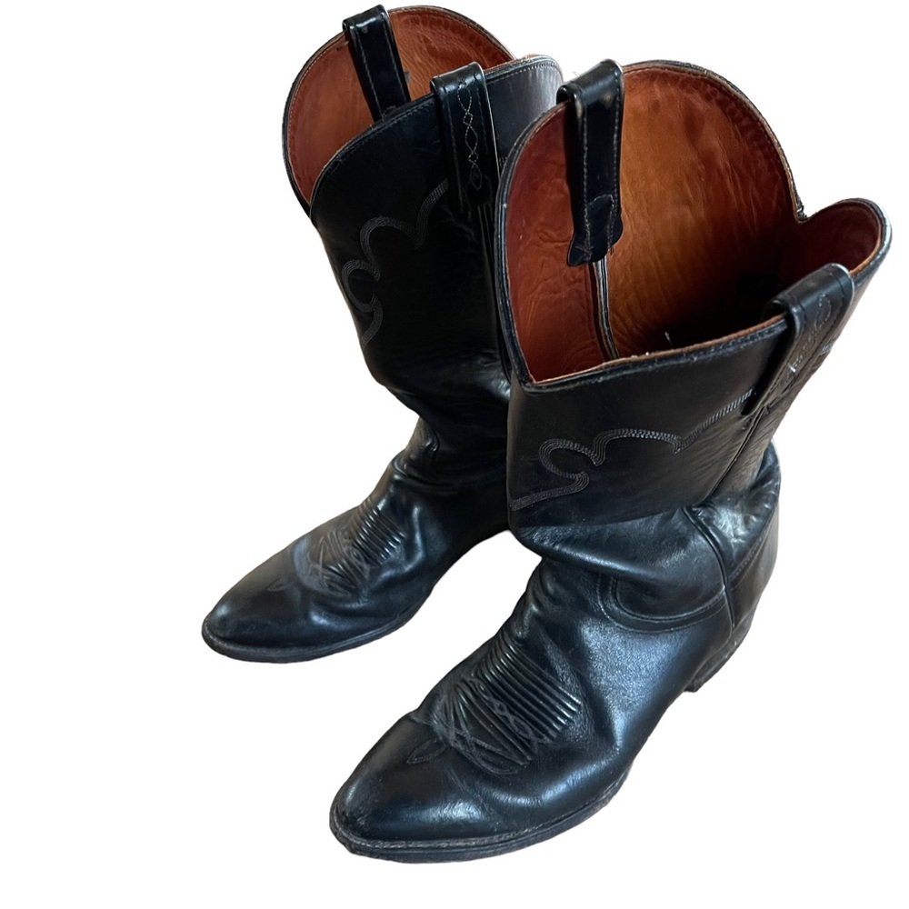 J Chrisholm Men’s Leather Cowboy Boots Black With Stitching Size 12B Made In USA - Picture 2 of 13